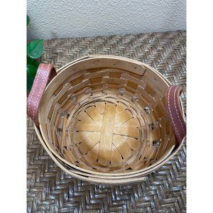 Vintage Longaberger Round Basket With Brown Leather Handles Labeled 5"